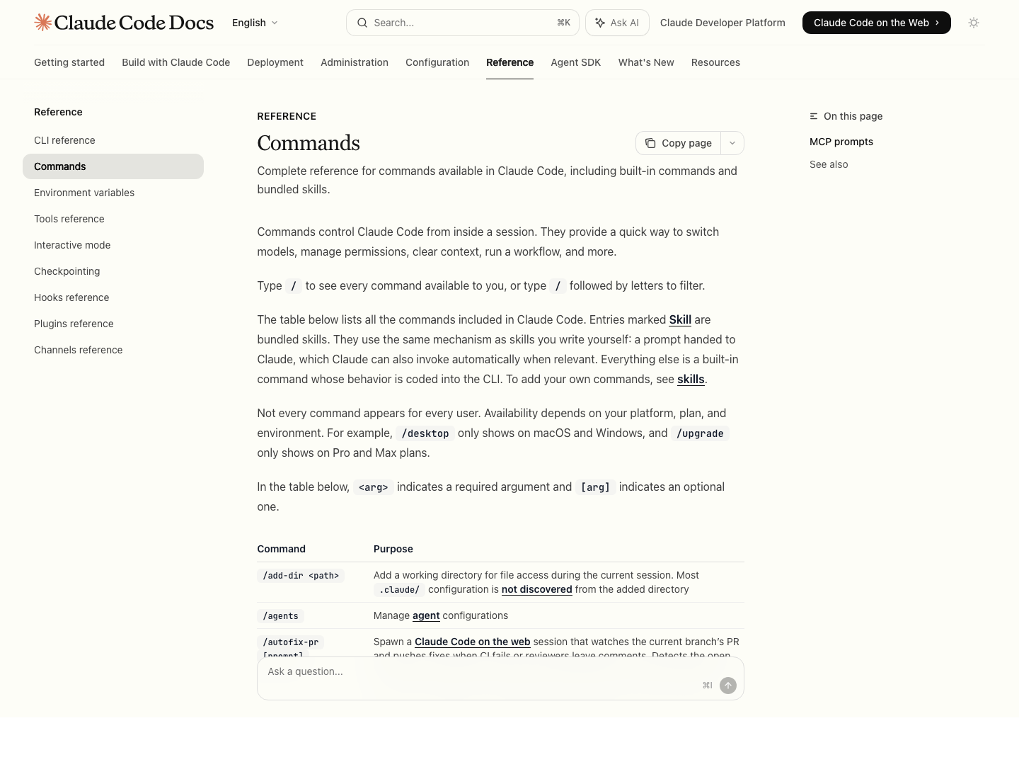 Claude Code 官方命令页,包含 /clear、/compact、/context、/memory