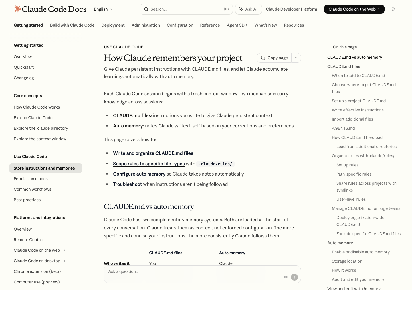 Claude Code 官方 memory 文档,解释 CLAUDE.md 和 auto memory