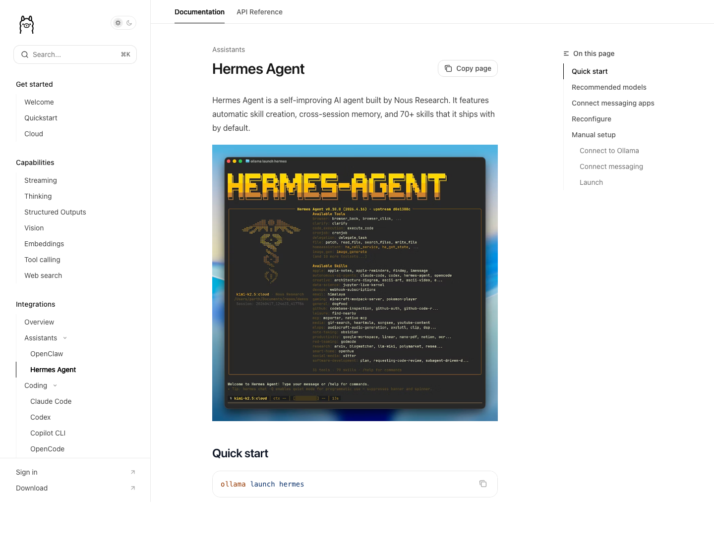 Hermes Agent integration page on Ollama docs