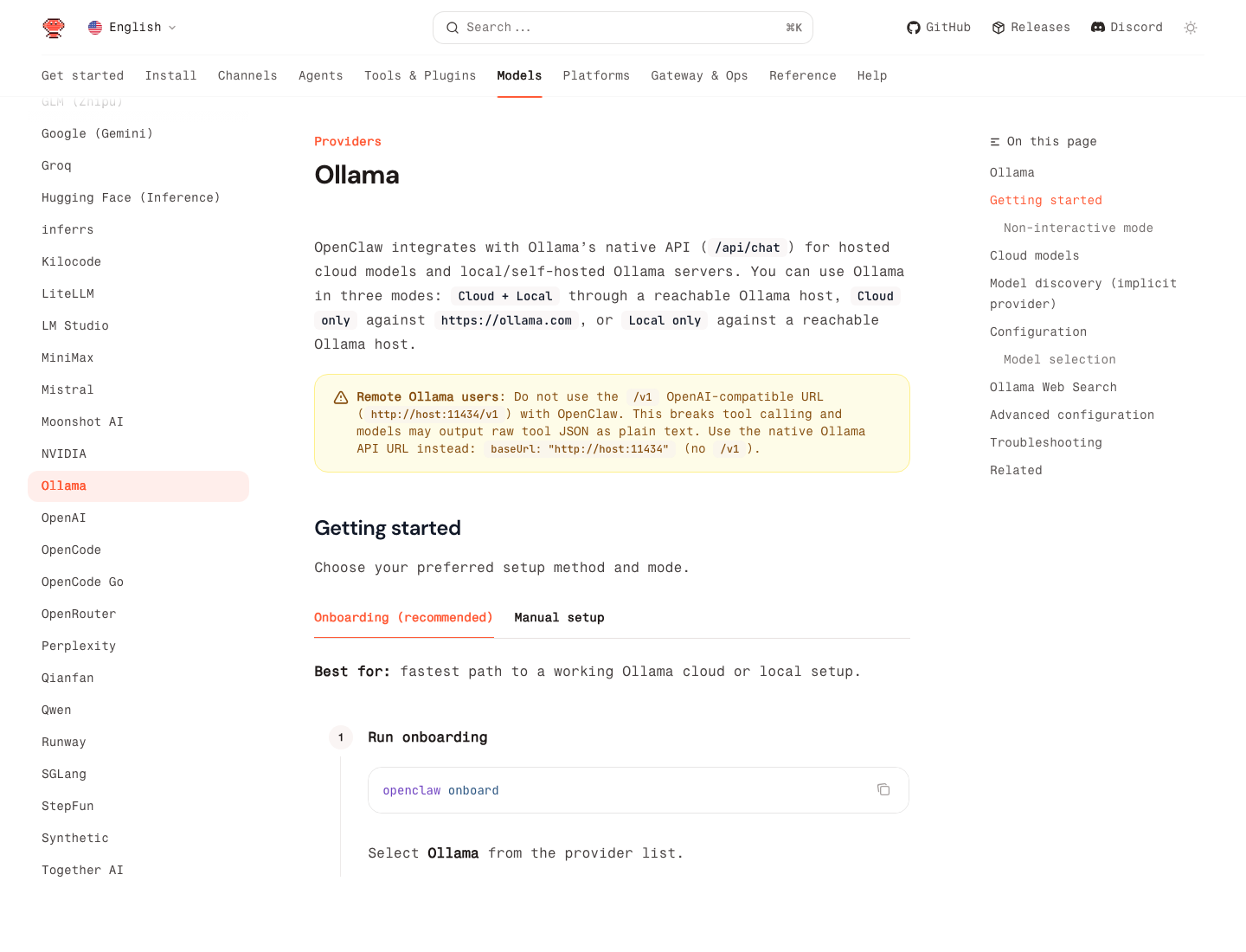 OpenClaw 官方 Ollama 文档页